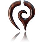 PAIR OF FAKE CHEATER PLUGS (4G HEADS) BROWN SONO WOOD LONG SPIRALS TRIBAL PLUG