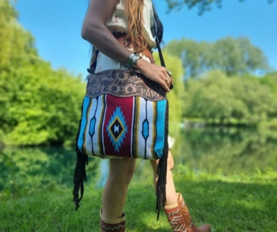 Aztec Hippie FRINGE LEATHER BAG Ethnic Tassel boho Western vintage Carpet kilim - Image 1 of 4