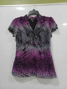 AB Studio Med Vneck Short Slv Hombre Purple-black Lacey Ruffled Cap Slv Top - Picture 1 of 12