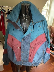Vintage Descente Jacket Mens Large Blue Ski Snow Hooded Parka Winter Coat Retro - Picture 1 of 11