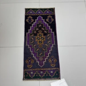Vintage Handmade Soft Wool Turkish Accent Rug, 1x3 ft Oriental Oushak Small Rug - Picture 1 of 10