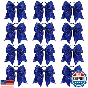 12 PCS 8" Large Glitter Cheer Bows Blue Girl Hair Bows Sparkly Cheerleading S - Picture 1 of 5