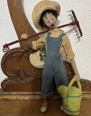 VTG Roldan Klumpe Boy Felt Doll Figure Gardner Backpack Flowers 10.5" SEE Cute - Image 1 of 4