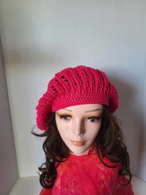 Handmade Crochet Beret Hat Pink Cotton M Unisex Soft Lightweight  — 第 1/4 张图片