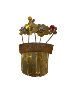 Ciondolo spilla 2" stile anni 60 fioriera bronzo metalli misti vintage - Foto 1 di 2