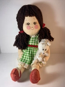 Vintage Homemade  Doll Girl With Brown Hair Ponytails With Puppy - Picture 1 of 19