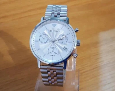 Reloj para Hombres Cuero Negro Yves Camani Batiste Suizo MVT Plateado Cronógrafo Fecha NUEVO Foto 1 de 4