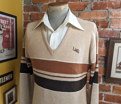 1970s Men's V-Neck Sweater Vintage Tan & Brown Knit Acrylic by Puritan - LARGE - Image 1 of 4
