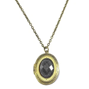 1x Antique Bronze Photo Locket wit Dark Grey Resin Stone Pendant Chain Necklace - Picture 1 of 4