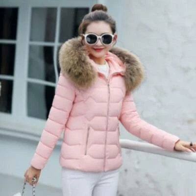 Women Cotton Down Jacket Hooded Warm Padded Short Coat Fur Collar Warm Parkas D - Image 1 of 4