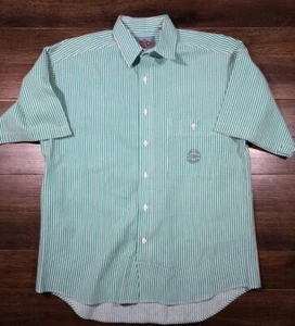 Vintage Bugle Boy Button Shirt Mens Large Short Sleeve Green/ White Stripe - Picture 1 of 4