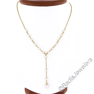 14K Yellow Gold 3.7-6.3mm Cultured Pearl Dangle Drop Adjustable Chain Necklace - Picture 1 of 6