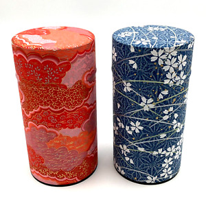 2 Japanese Washi Paper Metal Tea Tin Canister Caddy w/ Inserts 6" Tall