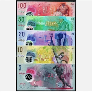 Maldives Set 5 Pcs 5 10 20 50 100 Rufiyaa Polymer P 26A 26-31 NEW UNC Banknotes - Picture 1 of 2