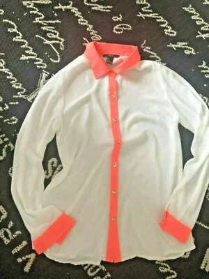 NUEVO S Neón Naranja BLANCO Chifón Top Blusa Túnica Manga Larga FOREVER 21 SEDOSO Foto 1 de 4