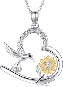 Hummingbird Memorial Heart CZ Pendant Necklace Sterling Silver Gifts for Women - Picture 1 of 6