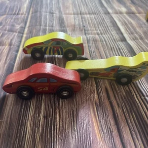 3 Melissa & Doug Wooden World Train Race Cars Fits BRIO Thomas Track - Picture 1 of 3