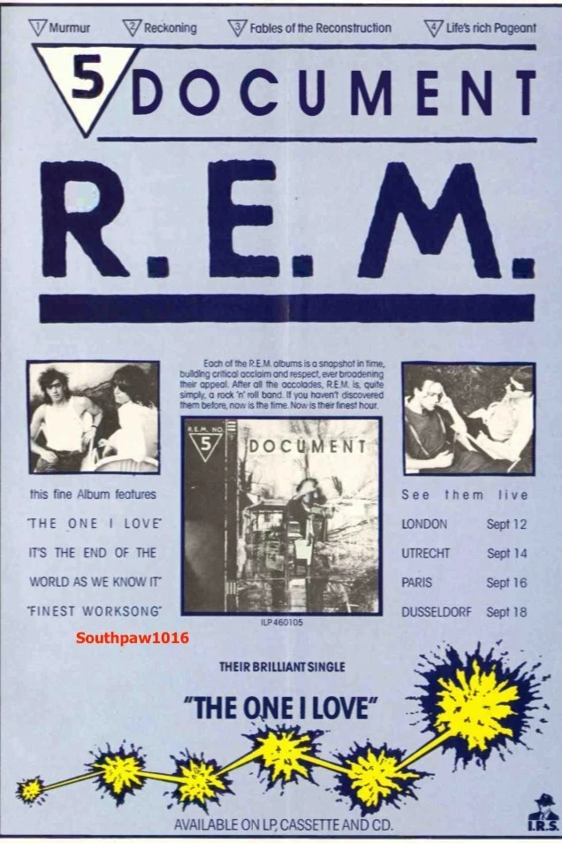 1987 R.E.M. "Document" Album Release Music Industry Promo Reprint Ad - Image 1 of 1