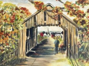 Vintage Original Ölgemälde Amerikanische Landschaftskunst Überdachte Brücke Katryn Kochs - Bild 1 von 22