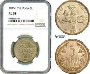 AI976, Lithuania, 5 Litai 1925, Silver, NGC AU58 - Picture 1 of 1