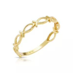 Anillo Banda Religiosa Minimalista Pez Ichthus Delicado Oro Amarillo Sólido Real 14K - Imagen 1 de 10