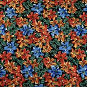 Hawaiian Print by Kona Bay, Kokio Pua in Orange, Blue & Gold, Cotton, Per 1/2 Yd - Picture 1 of 4