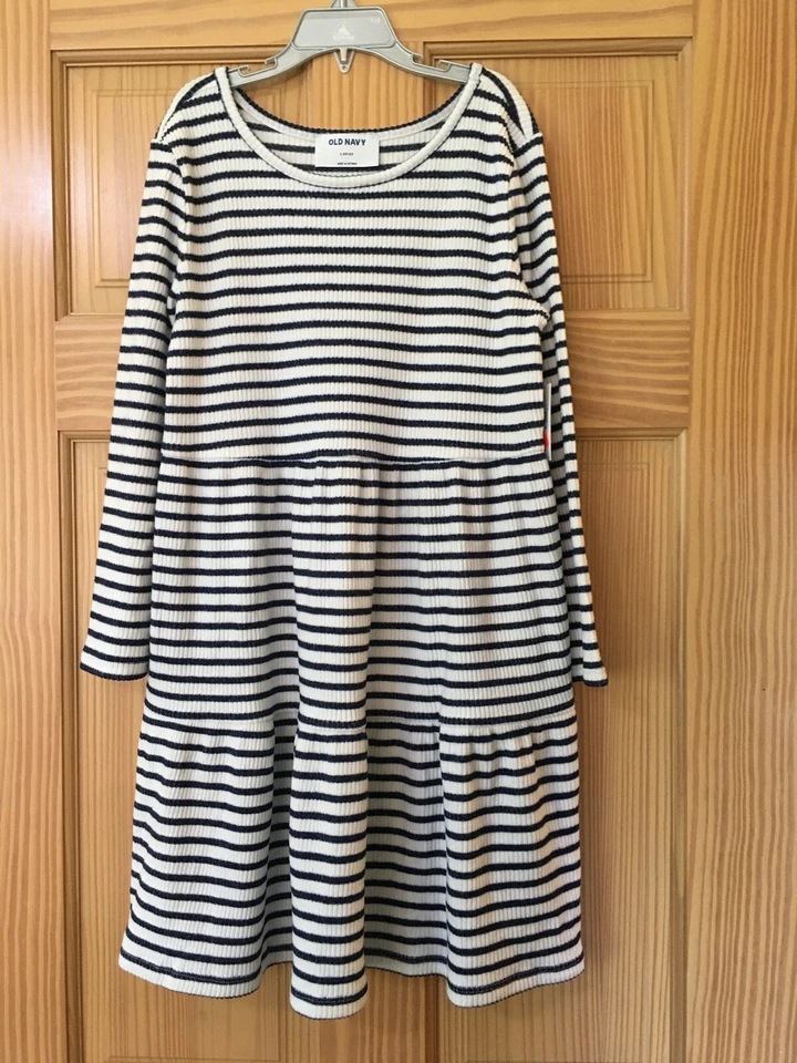 NWT Old Navy Stripe Tier Dress Girl Navy and White Long sleeve - Image 1 of 1