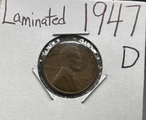 1947 D Lincoln Wheat Cent Circ Coin Laminated Planchet Error Coin VF Cover