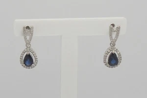 1CT Natural Sapphire and Diamond Halo Dangle Drop Earrings 14K White Gold - Picture 1 of 9