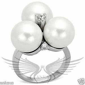 Beautiful Flower Shaped Synthetic Pearl Crystal Accented Cocktail Ring 3W313