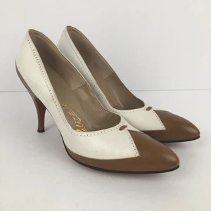 VTG Palizzio Very New York Two Tone Leather Heels Sz 7.5 N Brown White Pumps - Picture 1 of 14