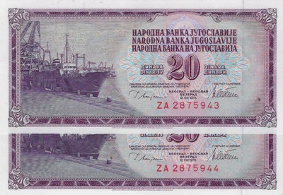 Yugoslavia 20 Dinara 1978 Replacement RC1 P-88a UNC x2 Consecutive + Gift! YUSx - Image 1 of 3