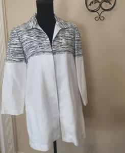 Chico's Size 1 Open Front Jacket 3/4 Sleeve Blazer Black &White Linen/ Cotton - Picture 1 of 9