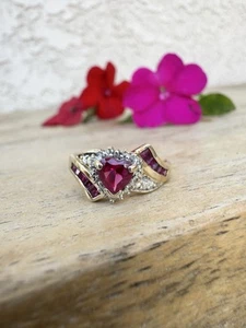 10kt Gold Ruby Heart Ring W/ Diamond Accents - Sz. 6 - Picture 1 of 13