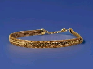Gold Tone Mesh Choker Necklace w/ Lay Flat C-Link Chain Overlay Vintage 15.5" - Picture 1 of 14