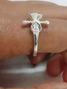 Real Moissanite 1Ct Round Cut Cross Jesus Engagement Ring 14k White Gold Plated - Picture 1 of 8