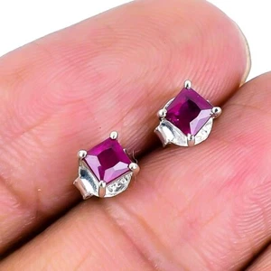 Natural Kashmir Red Ruby Solid Silver Stud Post Handcrafted New Earrings Jewelry - Picture 1 of 7