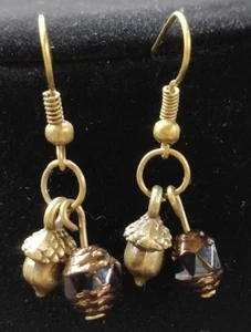 Bronze Acorn Charm Earrings On Bronze Hooks w Black & Bronze Glass Beads - Picture 1 of 5