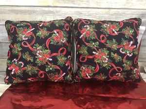 Christmas Decorative Pillows Candy Canes and Holly Shimmering Mistletoe Set Of 2 - Picture 1 of 6