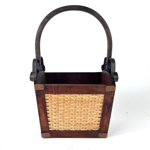 Vintage American Gathering Basket Wooden Frame, Metal Handles Country Home Decor Cover