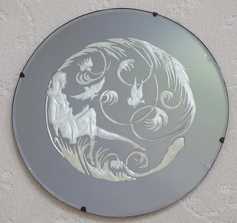 Antique Art Deco Etched Grey Glass Wall Mirror, Lady, Birds, Flower Motif Cover
