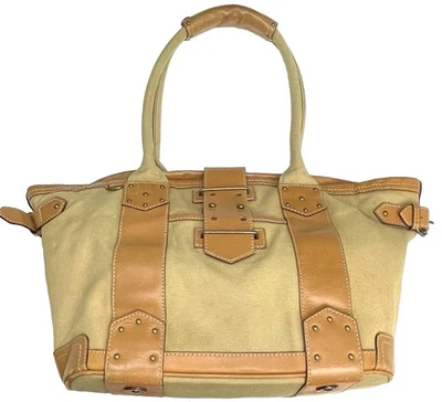 J экипажа желтовато-коричневый холст сумка с короткими ручками кожаная отделка двойной ремень наплечная сумка - Изображение 1 из 4