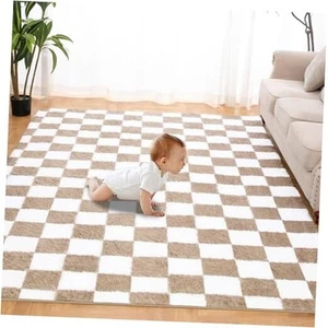 Superweicher Teppich für Schlafzimmer, 5x7 Fuß Beige und Weiß Vorleger Klassisch Kariert - Bild 1 von 7