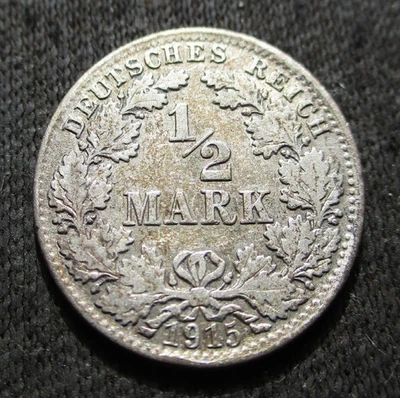 OLD COIN OF GERMAN EMPIRE 1/2 MARK 1915 D MUNICH EMPEROR WILHELM I ~ WORLD WAR I - Image 1 of 2