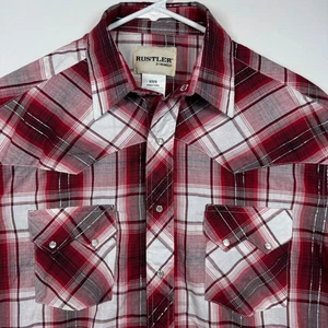 Rustler Wrangler Plaid Western Shirt Metallic Pearl Snaps Short Sleeve Sz M - Picture 1 of 8