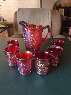 Imperial Glass Red Carnival Glass Sunset Field Flower Pitcher & 6 Tumblers - Image 1 of 3