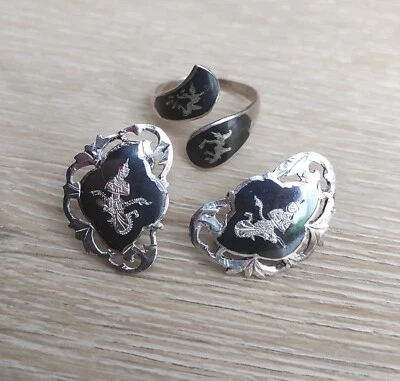 Set gemelli SIAM sterling anni 40 e anello argento 925 vintage Thailandia niello - Immagine 1 di 4