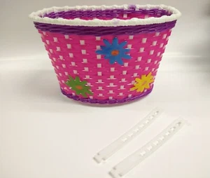 16" Bicycle Basket Pink/Purple/White With 3 Flowers Kids Child Bike Basket - Picture 1 of 3