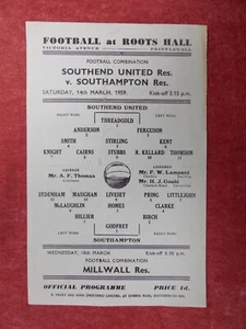 SOUTHEND UNITED v SOUTHAMPTON | 1958/1959 | RESERVES | 14 MAR 1959 | UK FREEPOST - Picture 1 of 2
