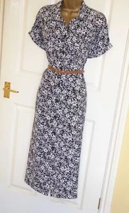 Black / Navy white floral vintage WW2 40s 50s midi tie shirt tea day dress 18 16 - Picture 1 of 6